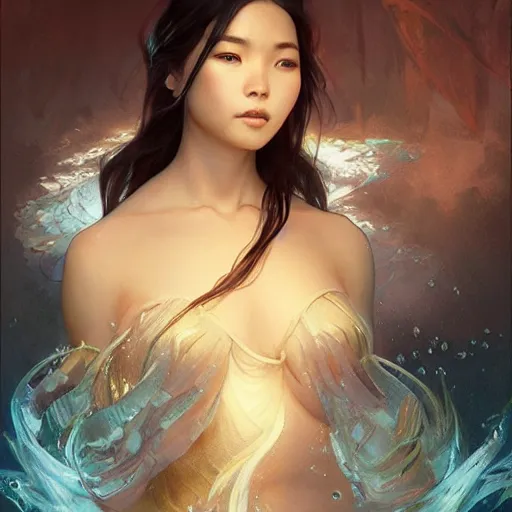 Image similar to Asian female water elemental, lifelike, portrait, highly detailed, digital painting, artstation, concept art, sharp focus, illustration, cinematic lighting, art by artgerm and greg rutkowski and alphonse mucha