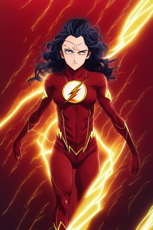 Image similar to anime key visual of a beautiful female the flash!! intricate, red, black, gold suit, powers, speed, lightning hate, dc comics, cinematic, stunning, highly detailed, digital painting, artstation, smooth, hard focus, illustration, art by artgerm and greg rutkowski and alphonse mucha