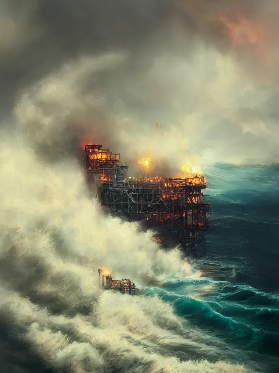 Prompt: photo of 8k ultra realistic burning oil rig at sea, heavy storm, rain, large waves, full of colour, cinematic lighting, battered, trending on artstation, 4k, hyperrealistic, focused, extreme details,unreal engine 5, cinematic, masterpiece, art by Peter Mohrbacher