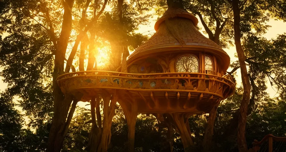 Prompt: An incredibly beautiful close-up shot from a 2022 fantasy film featuring a character sitting in a cozy art nouveau reading nook inside a fantasy treehouse. Golden Hour. 8K UHD.