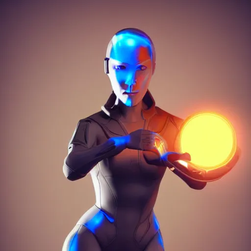 Image similar to a woman in a futuristic suit holding a glowing light, a computer rendering by Artgerm, featured on cgsociety, afrofuturism, daz3d, zbrush, futuristic