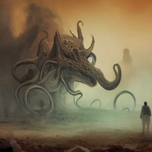 Image similar to Giant smoke monster coming out of the ground, thick swirling smoke, Nyarlathotep, Tentacles, mist, air particles, sandstorm, dramatic lighting, Byzantine ruins, surrounded by priests, worshipers, desert, cinematic, trending on artstation