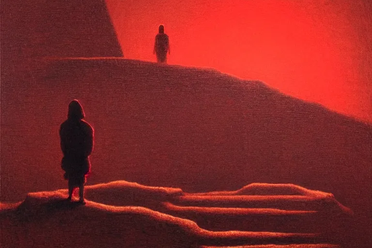 Image similar to only with red, a red shinigami eat apple, mars in background, an ancient path, in the style of beksinski, part by hopper, part by rodcenko, part by hofbauer, intricate composition, red by caravaggio, insanely quality, highly detailed, masterpiece, red light, artstation