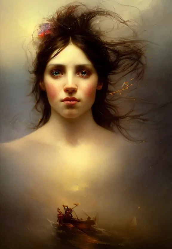 Image similar to three-quarters portrait with papery flaking skin, piercing multi-colored eyes, and under water flowing hair, dreams of the fae; painted in oil on canvas; highly detailed surrealism by Aleksi Briclot and Ivan Aivazovsky; 8k