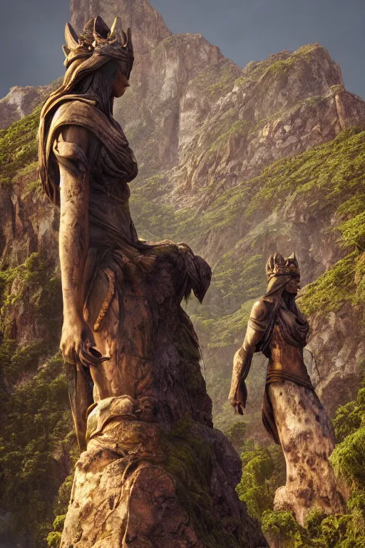 Prompt: Two guardian statues stand at the foot of a mountain canyon, by Greg Rutkowski, Realism, Photorealism, Global Illumination, Volumetric Lighting, Path Tracing, PBR