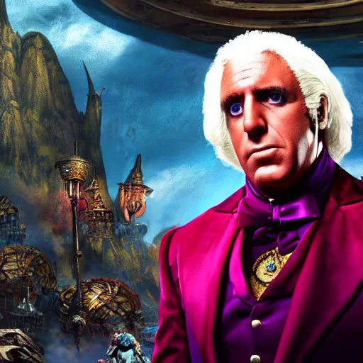 Prompt: portrait of ric flair as willy wonka in morrowind, fantasy, warcraft, warhammer, splash art, movie still, detailed face, photorealistic facial features, cinematic lighting, dramatic, octane render, long lens, shallow depth of field, bokeh, anamorphic lens flare, 8 k, hyper detailed, 3 5 mm film grain