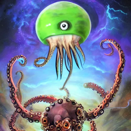 Image similar to steve harvey cyborg octopus, conquering earth, epic battle scene, 8 k, mystical fantasy painting