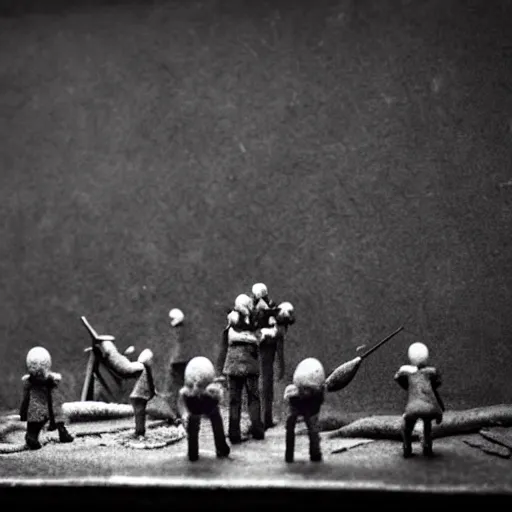 Image similar to world war ii, surrealistic detailed claymation art, dark, moody, foggy