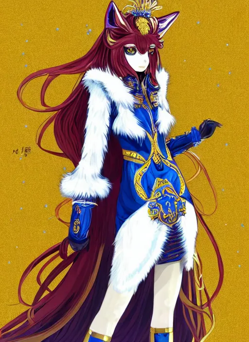 Prompt: commissioned full body portrait of a female anthro wolf princess fursona with white fur and long red hair hair wearing a blue and gold Japanese armored dress in a white and gold palace on a starry night with a large crescent moon, by a professional manga illustrator, by Kilian Eng, by Sandra Chevrier, trending on artstation