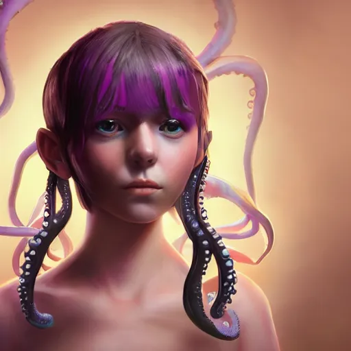 Image similar to artstation young teen with purple eyes and tiny and very thin tentacles on her head, furious, very detailed, portrait, high contrast, unreal engine 5