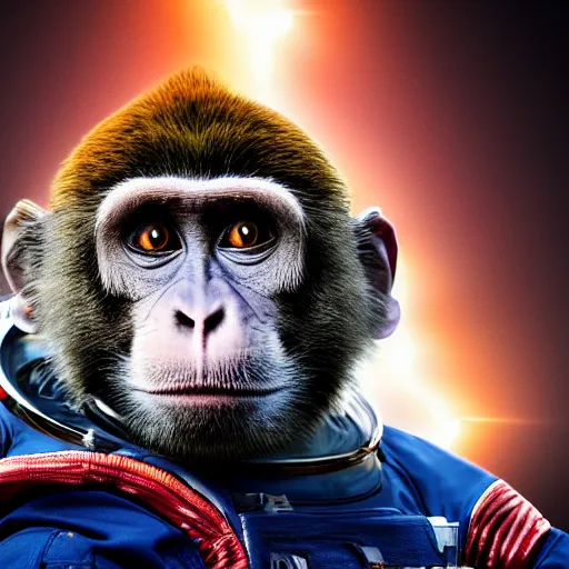 Image similar to high quality photo of a monkey astronaut, 8 k, dramatic lightning, detailed, award winning photo, smooth