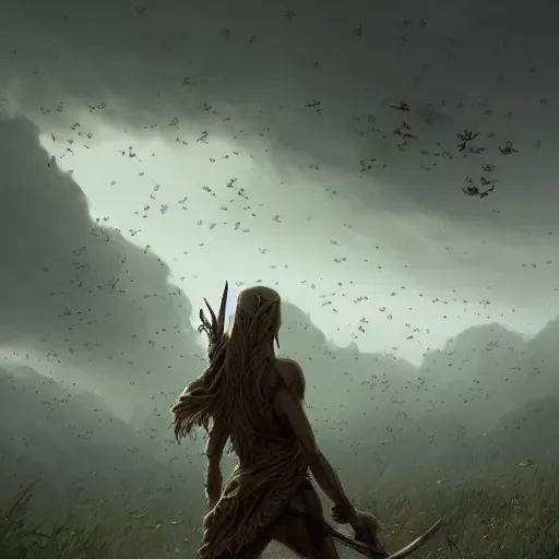 Prompt: a skinny weak hunter from Stone Age, trying to survive surrounded by bees Greg Rutkowski and Raymond Swanland, Trending on Artstation, cloudy background, ultra realistic digital art