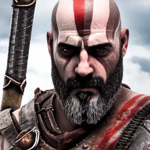 Prompt: Film still of Jeffrey Dean Morgan as Kratos, from God of War (2018 video game)