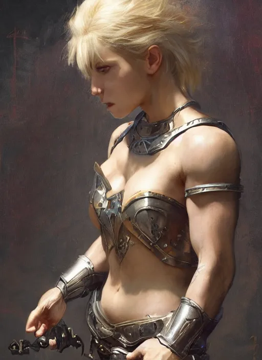 Image similar to short blonde muscular woman wearing medieval armour, detailed by gaston bussiere, bayard wu, greg rutkowski, giger, maxim verehin, greg rutkowski, masterpiece, sharp focus, cinematic lightning