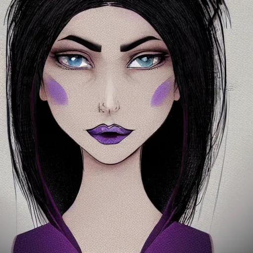 Image similar to character concept art of beautiful delicate pale goth woman with black hair, wearing long black and purple dress, highly detailed, illustration