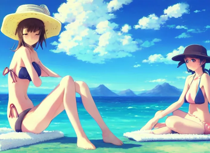 Image similar to a cute girl in a bikini and sunhat sitting on a towel on the beach, rocky mountains far in the distance, fluffy clouds on the horizon, by makoto shinkai an krenz cushart