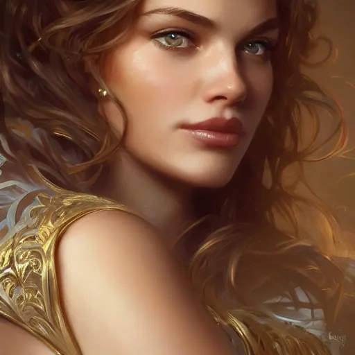 Image similar to beautiful young kathy ireland, closeup, d & d, fantasy, intricate, elegant, highly detailed, digital painting, artstation, concept art, matte, sharp focus, illustration, art by artgerm and greg rutkowski and alphonse mucha