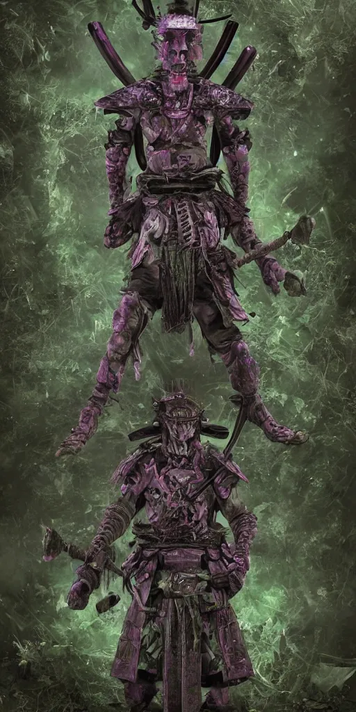 Prompt: a samurai standing in a highly detailed over dimensional green leaves that are not from this world decaying with black vaines, dark fantasy, photorealism, unreal engine, purple hue, sci-fi, by H.R. Giger