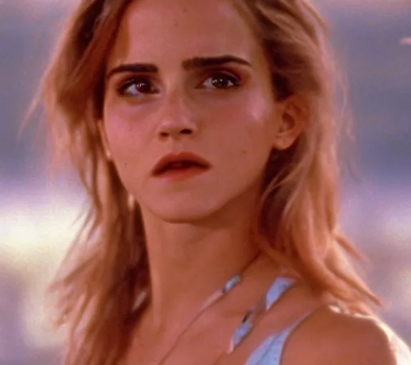 Image similar to color still shot of emma watson natalie portman hybrid on baywatch 1 9 8 9 tv show, running, face closeup,