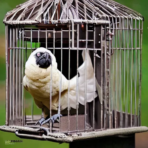 Prompt: a bird cage with a pug cockatoo hybrid, realistic, photoshoot, real life, national geographic