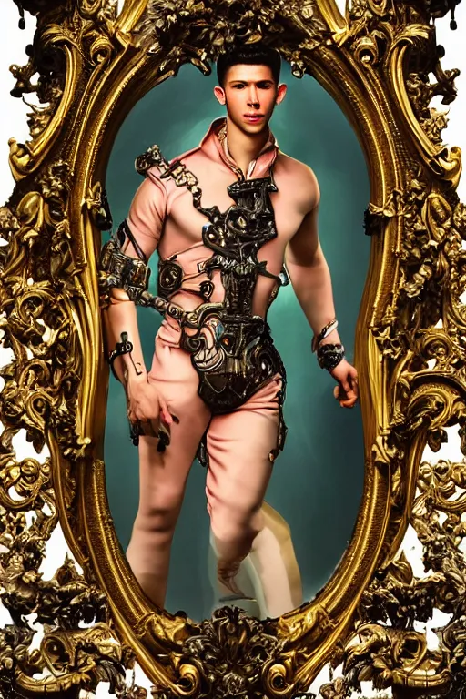 Image similar to full-body bladerunner neon rococo style sculpture of a handsome Spanish Nick Jonas as a half cibernetic android with a chest opening exposing circuitry and electric sparks, glowing laser beam eyes, crown of giant diamonds, flowing neon-colored silk, fabric, raptors. baroque elements. full-length view. baroque element. intricate artwork by caravaggio. many many birds birds on background. Trending on artstation, octane render, cinematic lighting from the right, hyper realism, octane render, 8k, depth of field, 3D