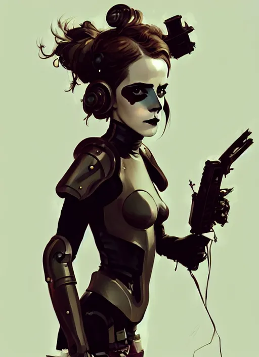 Image similar to portrait of cute goth emma watson in cyber armor, warhammer, cyberpunk, by atey ghailan, by greg rutkowski, by greg tocchini, by james gilleard, by joe fenton, by kaethe butcher, by gustav klimt, dynamic lighting, gradient light blue, brown, blonde cream and white color in scheme, grunge aesthetic