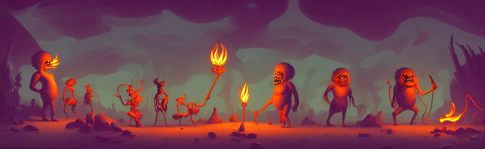 Prompt: uncanny whimsical savage mutants from the depths of a vast wasteland in the collective unconscious, dramatic lighting from fiery torches, surreal fleischer cartoon characters, shallow dof, surreal painting by ronny khalil