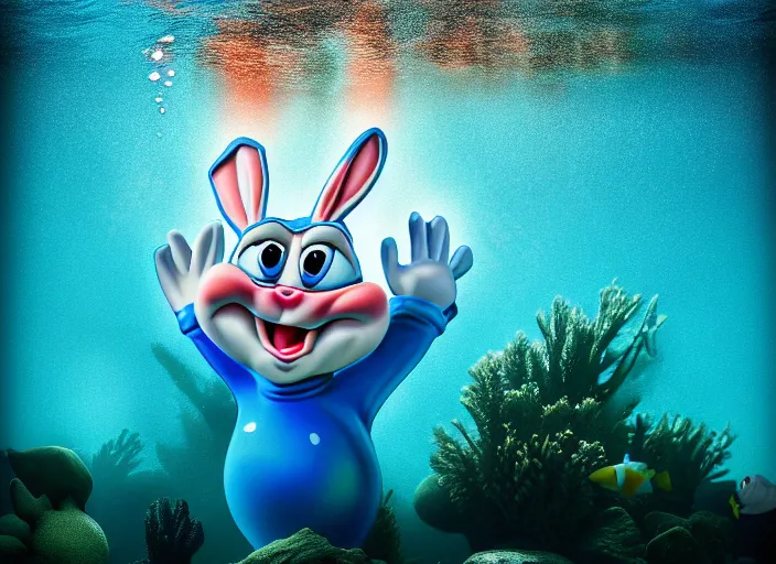 Image similar to under water bugs bunny, water light scattering, underwater photography, high details, 8 k, realistic shot, cinematic lighting