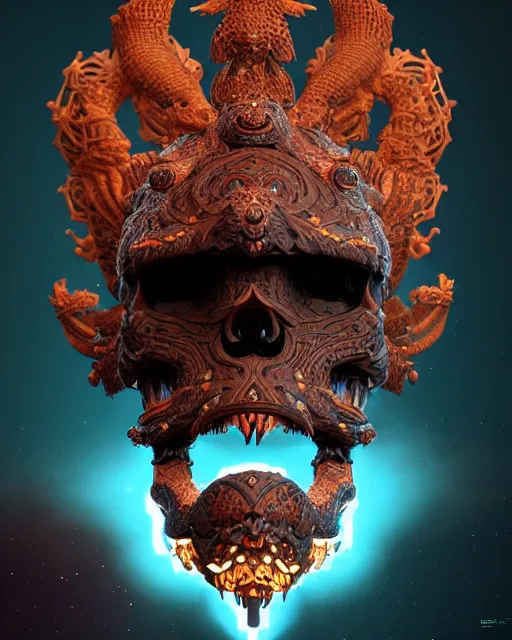 Image similar to 3 d ornate carved dark cosmic warrior with profile portrait, sigma 5 0 0 mm f / 5. beautiful intricate highly detailed quetzalcoatl skull. bioluminescent, plasma, lava, ice, water, wind, creature, thunderstorm! artwork by tooth wu and wlop and beeple and greg rutkowski, 8 k trending on artstation