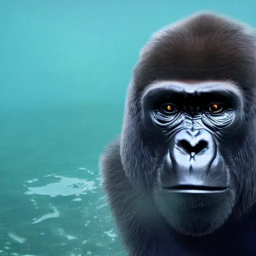 Prompt: a gorilla rising from the deep, submarine footage, underwater, dream like, 4k