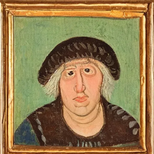 Image similar to boris johnson as a peasant from 1 2 th century england, exhibited in the british museum, oil on canvas, art, restored painting, 1 2 th century
