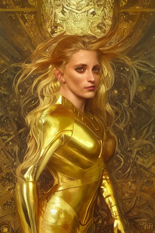 Prompt: tony hinchcliffe in gold armor, gold hair, gold eyes, tanned skin, fantasy, intricate, highly detailed, digital painting, artstation, concept art, smooth, sharp focus, art by Artem Demura and Alphonse Mucha, ArtGerm, Valentina Remenar, Gaston Bussiere, Cedric Peyravernay