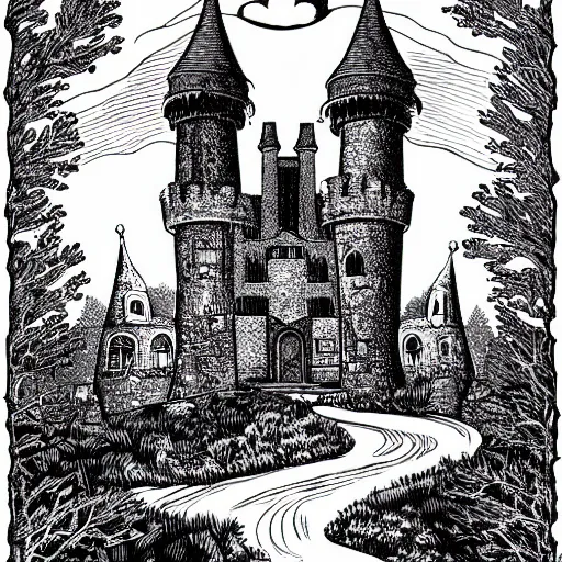 Image similar to mcbess illustration of a haunted castle in the woods, set an the end of a winding road