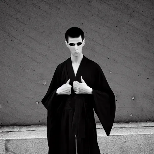 Image similar to fashion photography of a genderless alien model, full body, wearing a black kimono, photo 3 5 mm leica, hyperdetail, berghain, 8 k, very detailed, black and white