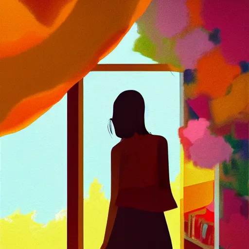 Image similar to closeup, giant flower head, woman next to modern windows, luxury apartment, surreal photography, dramatic light, impressionist painting, digital painting, artstation, james gilleard