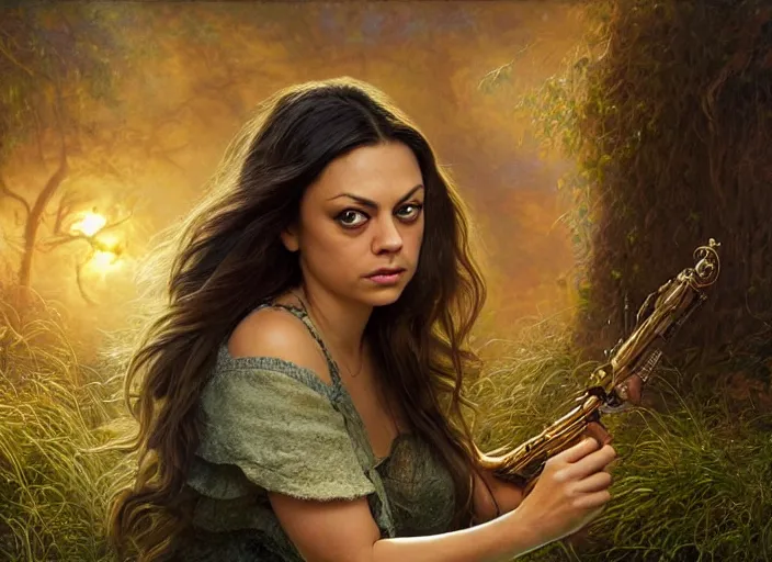 Image similar to big-eyed surprised Mila Kunis staring intensely into the camera, sundown golden hour firefly wisps, Lilia Alvarado, Sophie Anderson, Mark Arian, Bob Byerley, Charlie Bowater, Mark Brooks, Steve Henderson, Justin Gerard, Arthur Hughes, Edward Robert Hughes, Mark Keathley, Victor Nizovtsev, Carlos Shwabe, Ross Tran, WLOP