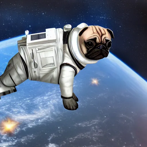 Image similar to hyper realistic, highly detailed, astronaut pug in space.