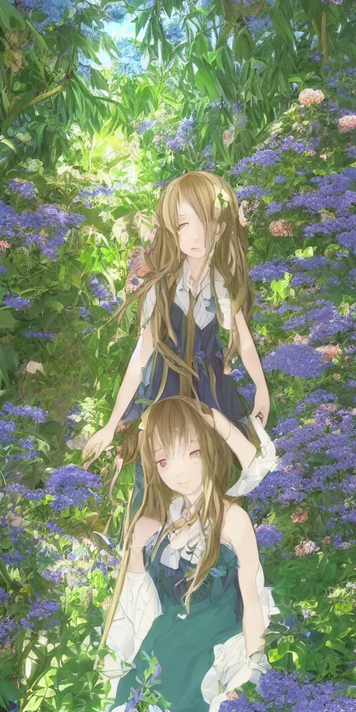 Prompt: a digital art of a loli with long hair in a dress in the privet garden at after noon, green and warm theme, mediumslateblue flowers, low angle, back lighting, by krenz cushart and mucha and akihito yoshida and greg rutkowski and makoto shinkai, highly detailed, 4 k resolution, trending on art station