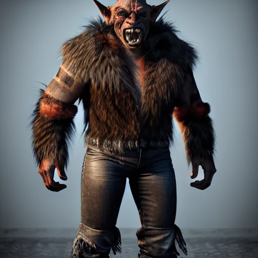 Prompt: A full body shot of a handsome orc looking into the camera wearing a leather fur jacket and boots, full body shot, artstation, realistic, highly detailed, symmetrical, hyper realism, high detail, octane render, unreal engine, 8k, fantasy art, highly detailed, concept art