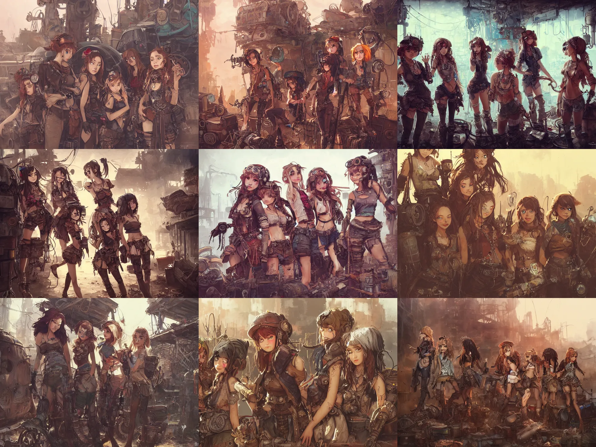 Prompt: group of 4 scavenger girls in a junkyard, steampunk, gritty, dirty, rusty, high fantasy, detailed faces, sharp focus, high detail, smooth, digital illustration, by rossdraws, artstation