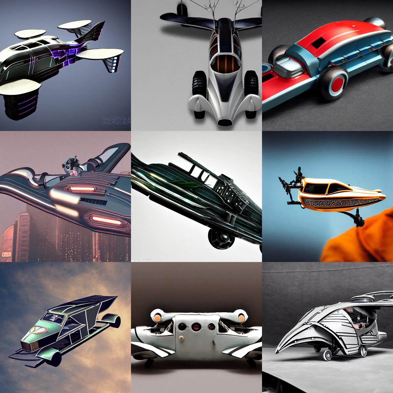 Prompt: detailed photo of a beautiful Art Deco cyberpunk flying car