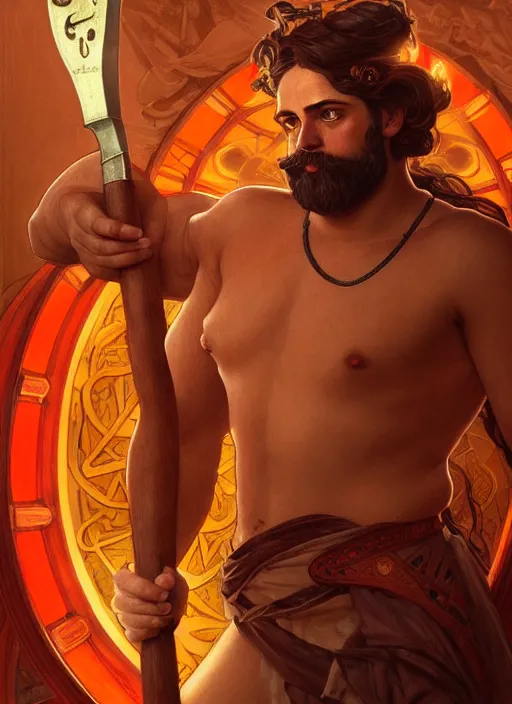 Image similar to the greek god hephaestus, brown hair, holding hammer, steampunk, beautiful glowing eyes, volumetric lights, red and orange theme, art nouveau botanicals, intricate, highly detailed, digital painting, artstation, concept art, smooth, sharp focus, cinematic, illustration, beautiful face, art by artgerm and greg rutkowski and alphonse mucha