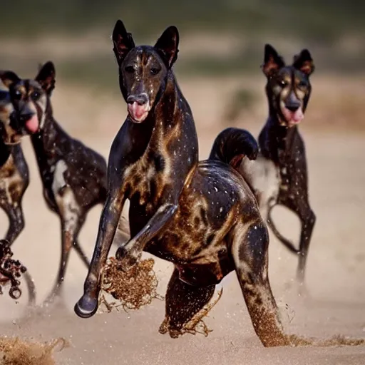 Image similar to National Geographic photo of horse full of octopus being eaten by African hunting dogs