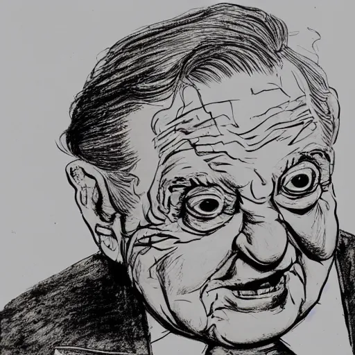 Image similar to George Soros by Ralph Steadman, illustration, body horror, biopunk