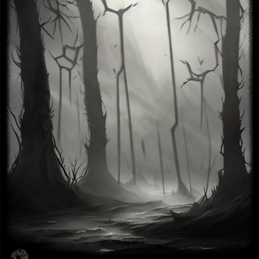 Prompt: dark fantasy landscape forest in the style of symbaroum