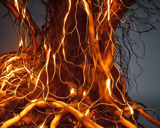 Prompt: meaty complex strings and cables creature, face tree roots strangled, oak, glass debris pieces, dust particles, dramatic lighting, electronic wires, fire sparks, high resolution photo,