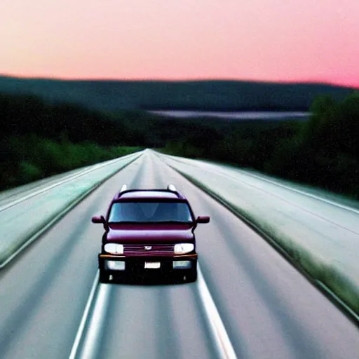 Prompt: A photograph of a 2001 Maroon Chevrolet Caravan driving on highway 411 in Perth, Ontario on a summer night, 10:20 PM, photograph taken in 2009 on a nokia flip phone