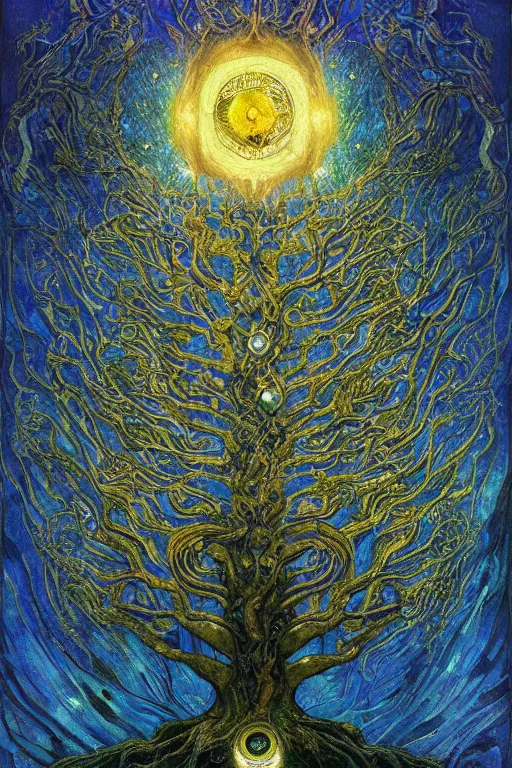 Image similar to Tree of Life by Karol Bak, Jean Deville, Gustav Klimt, and Vincent Van Gogh, Surreality, radiant halo, jeweled leaves, otherworldly, enigma, fractal structures, celestial, arcane, ornate gilded medieval icon, third eye, spirals