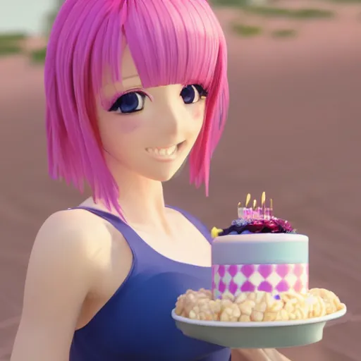 Image similar to Render of a beautiful 3d anime woman holding a birthday cake to show the camera, long light pink hair, full bangs, hazel eyes, cute freckles, full round face, smug smile, Chinese heritage, cute checkerboard sundress, golden hour, serene beach setting, medium shot, mid-shot, hyperdetailed, trending on Artstation, Unreal Engine 4k