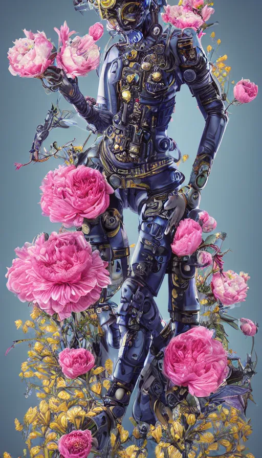 Image similar to full body head to toe portrait of a flowerpunk sci-fi cyborg ninja, third person, D&D, sci-fi fantasy, intricate, blue and gold, daisy and rose and peony, highly detailed, art by Range Murata, highly detailed, 3d, octane render, bright colors, digital painting, trending on artstation, sharp focus, illustration style of Stanley Artgerm, dramatic background